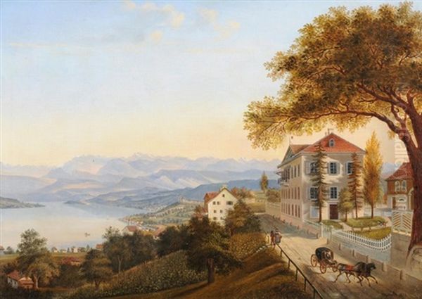 Blick Vom Brolberggut In Kilchberg Gegen Den See Und Die Glarneralpen Oil Painting by Heinrich (Karl Heinrich) Gernler