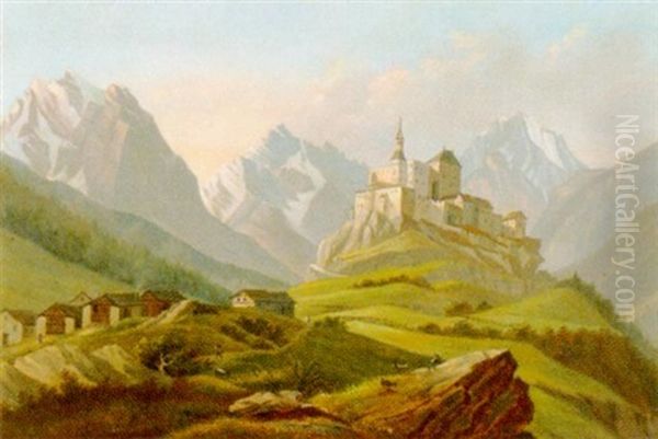 Schloss Tarasp Im Bundnerland Oil Painting by Heinrich (Karl Heinrich) Gernler