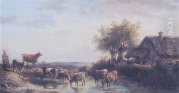 Vaches Pres D'un Mare Et D'un Chaumiere Oil Painting by Joseph Edouard de Gernon