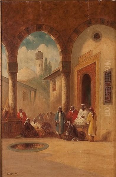 Gathering Of Arab Men With A Mosque In The Background Oil Painting by Jean-Leon Gerome