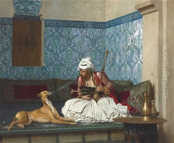 Une Plaisanterie, Arnaute Fumant Au Nez D'un Chien, Un Levrier Qui N'aime Pas Le Tabac Oil Painting by Jean-Leon Gerome