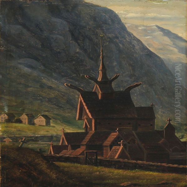 Borgund Church In Laerdal, Norway Oil Painting by Knud Andreassen Baade