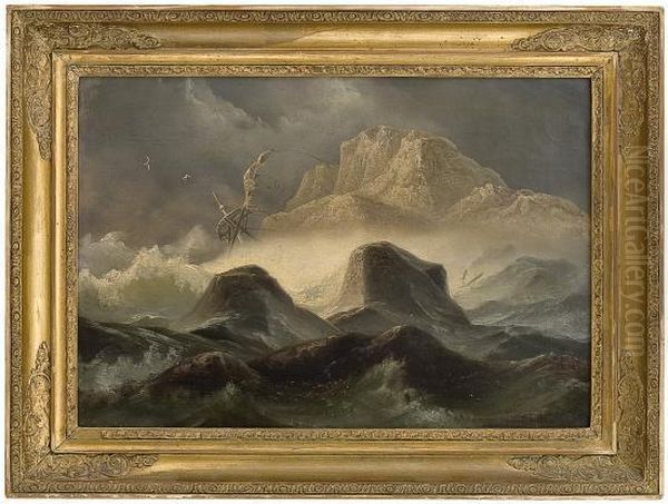 Storm By The Norwegian Coast Oil Painting by Knud Andreassen Baade