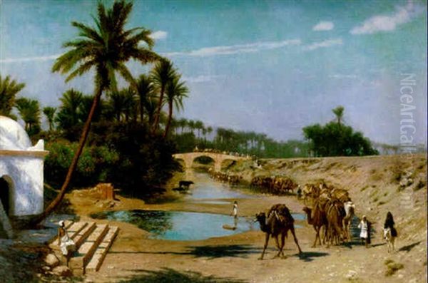 An Arab Caravan Oil Painting by Jean-Leon Gerome