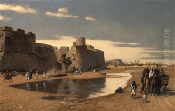 An Arab Caravan Outside A Fortified Town Oil Painting by Jean-Leon Gerome