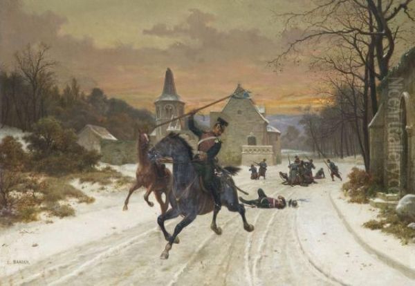 L'embuscade Des Francais Contre Des Hussards Allemands Oil Painting by Louis-Marie Baader