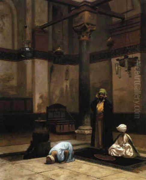 Trois Personnages Priant Dans Un Coin De Mosquee Oil Painting by Jean-Leon Gerome