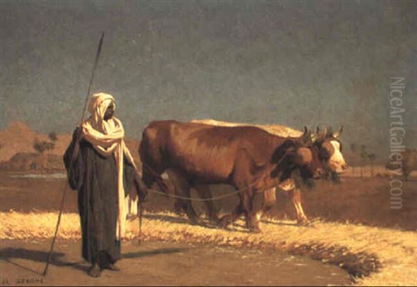 Bedouin With Two Oxen Threshing Corn Oil Painting by Jean-Leon Gerome