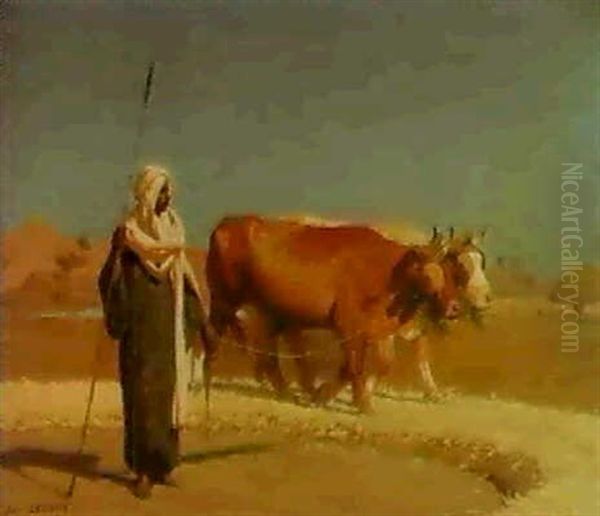 A Bedouin With Two Oxen Threshing Corn Oil Painting by Jean-Leon Gerome