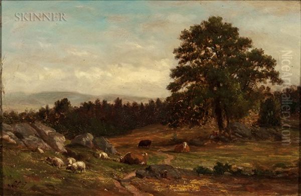 Cows And Sheep In A Rocky Pasture Oil Painting by Samuel Lancaster Gerry