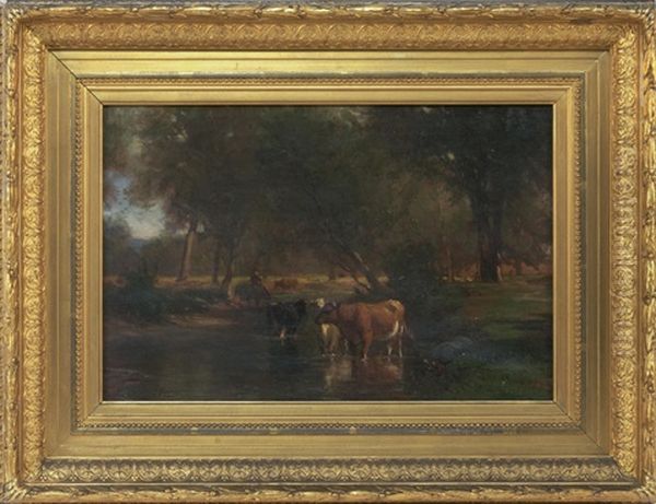 Cows Watering In A Stream Oil Painting by Samuel Lancaster Gerry