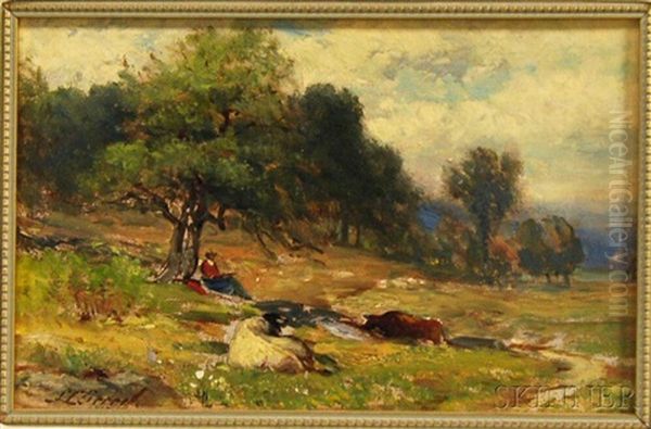 Landscape With Cows And A Figure Resting Under A Tree Oil Painting by Samuel Lancaster Gerry