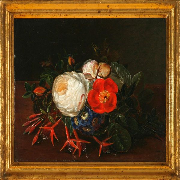 Flower Bouquet On Astone Frame Oil Painting by Alfrida V. Ludovica Baadsgaard