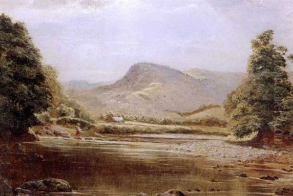 Young Girl With A Basket Crossing A White Mountains River On A Path Of Stones Oil Painting by Samuel Lancaster Gerry