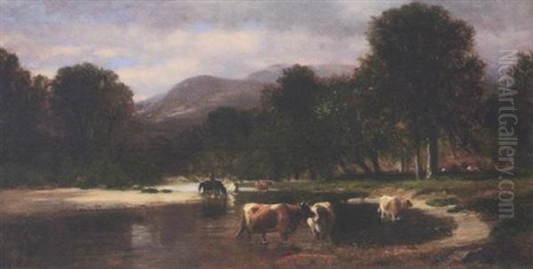 Cattle Watering In A Mountain Landscape Oil Painting by Samuel Lancaster Gerry