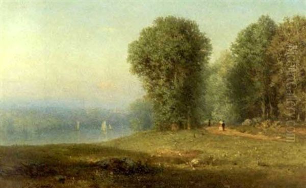 Couple Strolling On A Wooded Path Beside A Lake Oil Painting by Samuel Lancaster Gerry