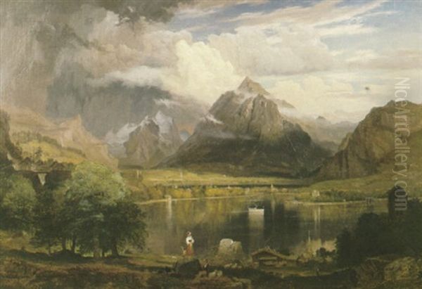 A Majestic Alpine Landscape With Goatherds And Their Flock Resting On A Rock In The Foreground And A Dinghy On A Lake Beyond Oil Painting by Samuel Lancaster Gerry