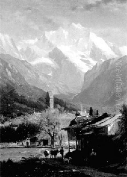 An Alpine Farm Oil Painting by Samuel Lancaster Gerry