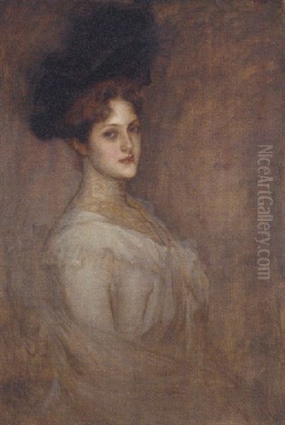 Portrait Of A Lady Wearing A Black Hat And White Chiffon Dress Oil Painting by Richard Gerstl