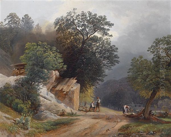 Holzsammler Auf Der Landstrasse Oil Painting by Joseph Gerstmeyer