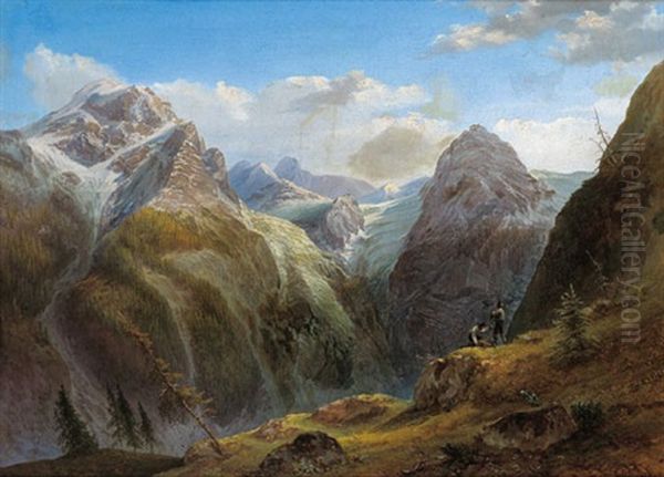 Blick Auf Den Ortler, Im Vordergrund Zwei Jager Oil Painting by Joseph Gerstmeyer