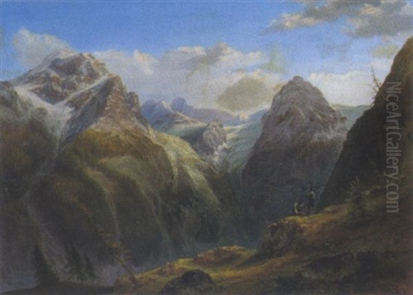 Blick Auf Den Ortler, Im Vordergrund Zwei Jager Oil Painting by Joseph Gerstmeyer