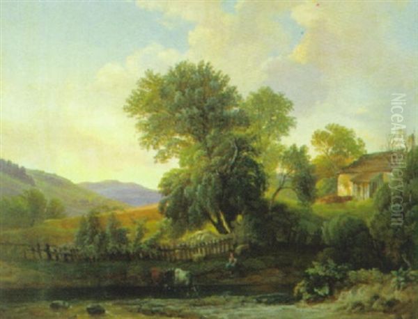 Idyllische Landschaft Mit Kuhen Und Figurlicher Staffage Oil Painting by Joseph Gerstmeyer