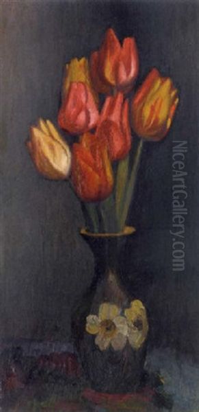 Tulips In A Vase Oil Painting by Mark Gertler