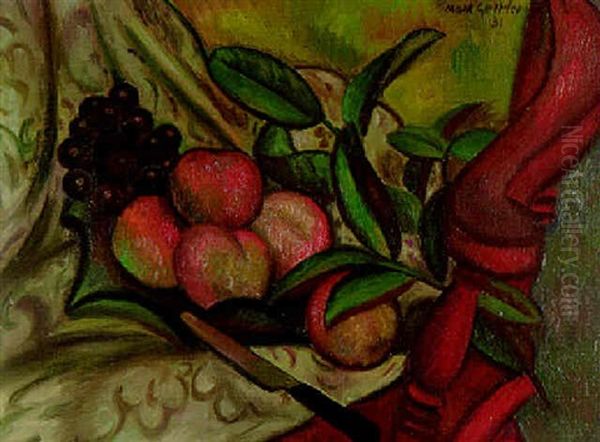 Still Life With Peahces And Grapes On A Chair Oil Painting by Mark Gertler