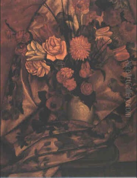 Flowers And Chintz Oil Painting by Mark Gertler