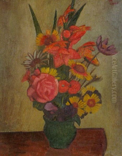 Daisies, Gladioli, Poppies And Red Rose In A Vase Oil Painting by Mark Gertler