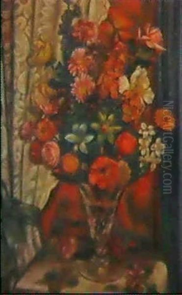 Roses, Daffodils, Zinnias And Poppies In A Glass Vase Oil Painting by Mark Gertler