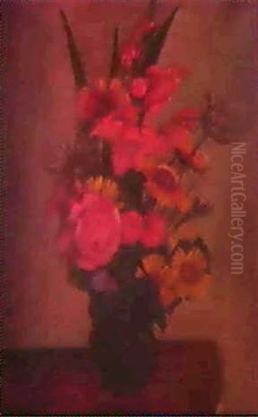 Daisies, Gladioli, Poppies Anda Red Rose In A Vase Oil Painting by Mark Gertler