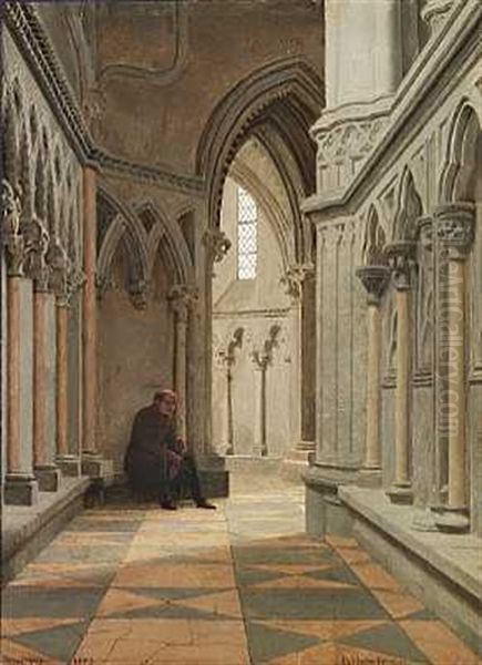 Kirkeinterior Fra Trondhjem Domkirke Med Skuespilleren C. N. Rosenkilde Siddende Mellem Sojlerne Oil Painting by Vilhelm (Johan V.) Gertner