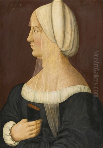 Portrait Of A Lady, Half-length, Head In Profile, Wearing Black With A White Headdress, Holding A Book Oil Painting by Matthias (von Noerdlingen) Gerung