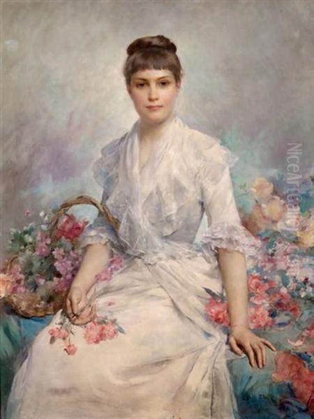 Portrait De Jeune Femme Au Panier De Roses Oil Painting by Paul Jean Gervais