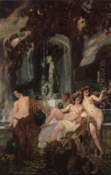 Jeunes Femmes A La Vasque, Allegorie De L'automne Oil Painting by Paul Jean Gervais