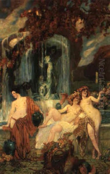 Jeunes Femmes A La Vasque, Allegorie De L'automne Oil Painting by Paul Jean Gervais