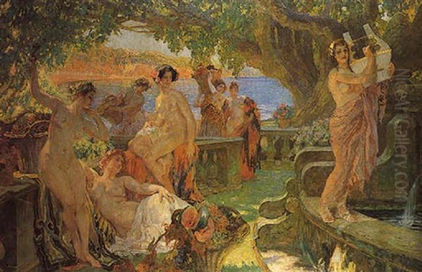 Nymphs Eating Fruits And Making Music On A Balcony In An Arcadian Landscape Oil Painting by Paul Jean Gervais