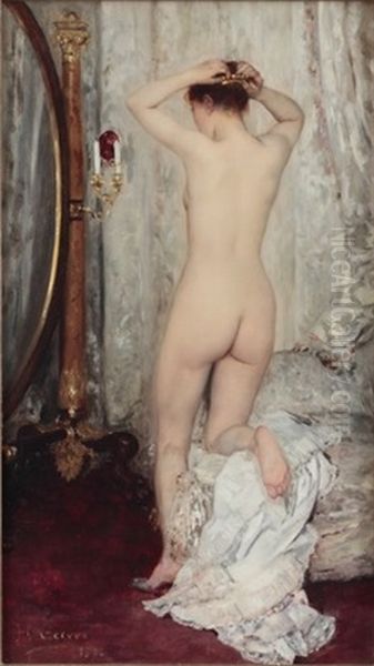 Woman In Nude In Front Of The Mirror Oil Painting by Henri Gervex