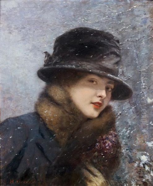 Jeune Femme Au Bouquet De Violettes Sous La Neige (colette Gervex) Oil Painting by Henri Gervex