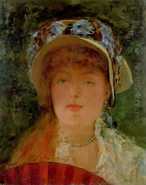 Portait De Jeune Femme Au Chapeau Et A L'eventail Oil Painting by Henri Gervex