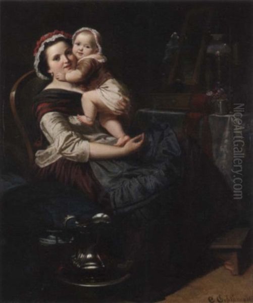 Eine Sitzende Mutter Halt Ihr Kind Auf Dem Arm, Das Sich Liebevoll An Deren Wange Anschmiegt Oil Painting by Eduard Geselschap