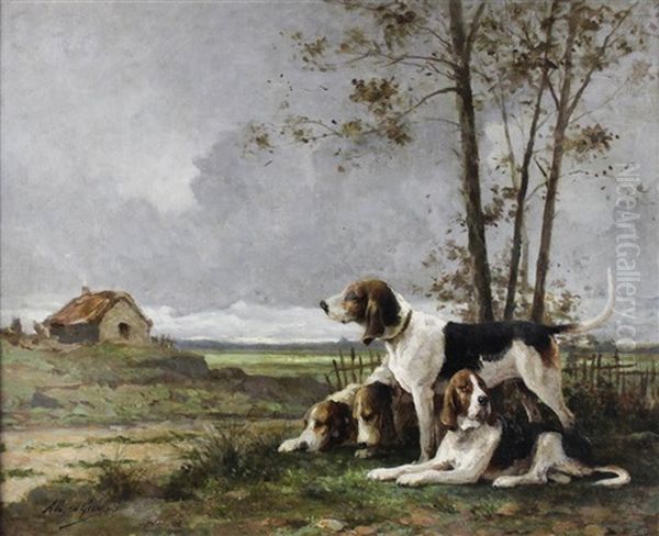 Hounds Oil Painting by Jean Victor Albert De Gesne