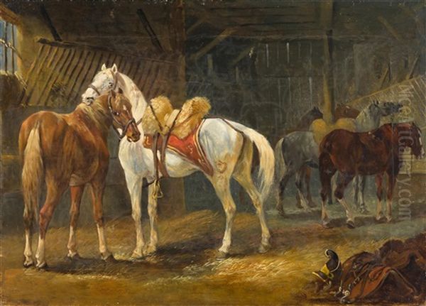 Dragonerpferde Im Stall Oil Painting by Johann Conrad Gessner