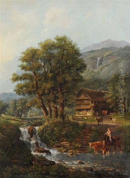 Sommerliche Landschaft Mit Bauernhaus An Einem Bach Oil Painting by Johann Conrad Gessner