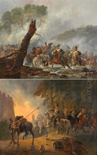 Reiterpatrouille Vor Einem Brennenden Dorf (+ Reiter Vor Dem Feind Einen Fluss Passierend; Pair) Oil Painting by Johann Conrad Gessner