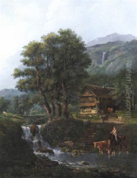 Bauernhaus Am Fluss Oil Painting by Johann Conrad Gessner