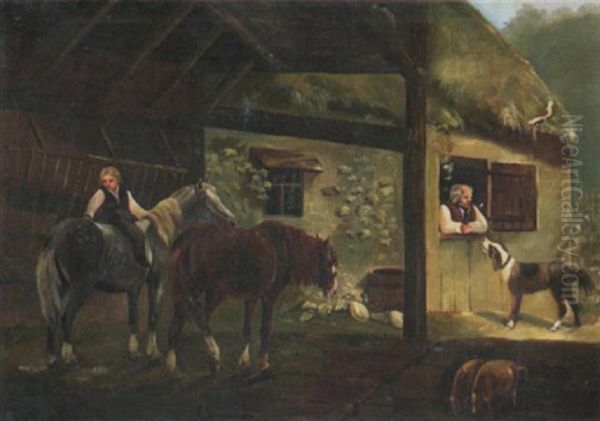 Bauernhof Mit Zwei Pferden Oil Painting by Johann Conrad Gessner