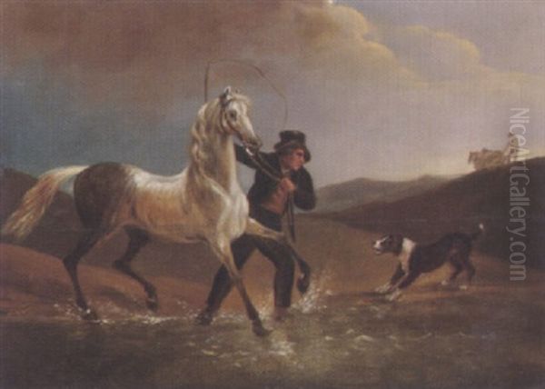 Ein Mann Halt Einen Sich Aufbaumenden Schimmel Am Ufer Eines Sees Bei Gewitterstimmung Oil Painting by Johann Conrad Gessner